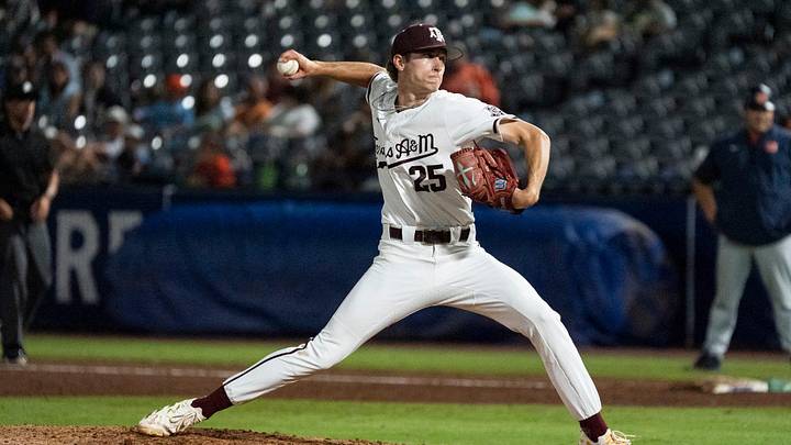 Texas A&M Aggies' Clayton Freshcorn pitches as the Auburn Tigers take on the Aggies during the SEC baseball tournament at Hoover Metropolitan Stadium in Hoover, Ala., on Friday, May 22, 2026.