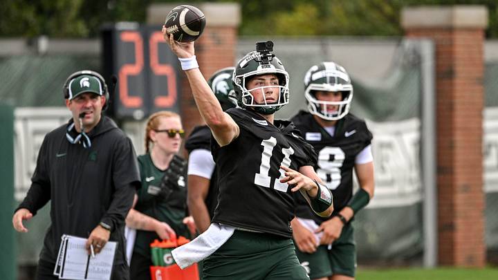 Michigan State quarterback Alessio Milivojevic during football practice on Thursday, Aug. 6, 2026, in East Lansing.