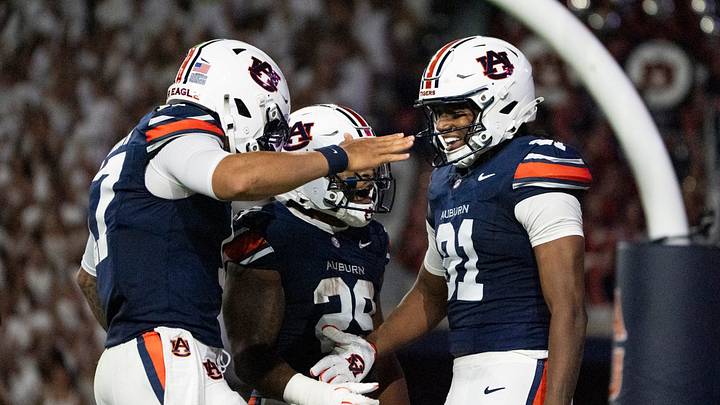 Auburn Tigers quarterback Byrum Brown (17) and wide receiver Erick Smith (81) celebrate their touchdown connection as Auburn Tigers take on Southern Miss Golden Eagles at Jordan-Hare Stadium in Auburn, Ala. on Saturday, Sept. 12, 2026. Auburn Tigers quarterback Byrum Brown (17) and wide receiver Erick Smith (81) celebrate their touchdown connection as Auburn Tigers take on Southern Miss Golden Eagles at Jordan-Hare Stadium in Auburn, Ala. on Saturday, Sept. 12, 2026.