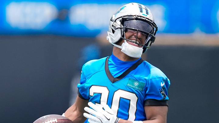 Jun 9, 2026; Charlotte, NC, USA; Carolina Panthers running back Chuba Hubbard (30) makes a catch  during the first day of mini camp at Bank of America Stadium practice facility. Mandatory Credit: Jim Dedmon-Imagn Images