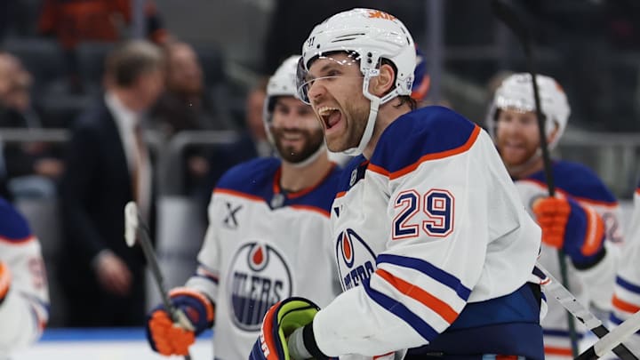 Mar 14, 2025; Elmont, New York, USA; Edmonton Oilers center Leon Draisaitl (29) celebrates the game winning goal after overtime against the New York Islanders at UBS Arena. Mandatory Credit: Thomas Salus-Imagn Images