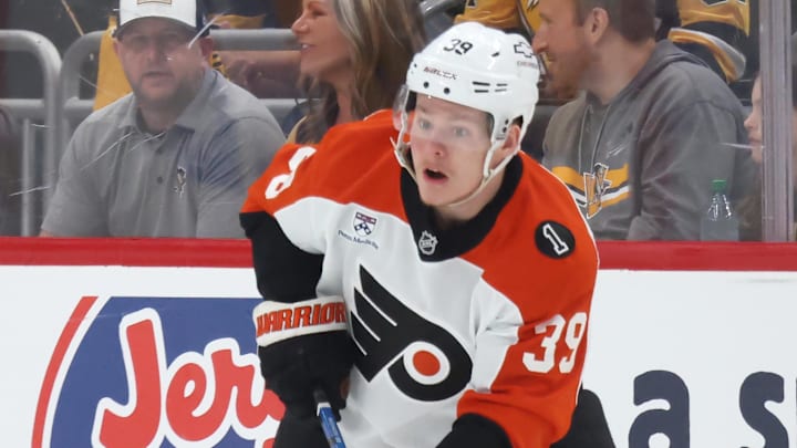 Apr 18, 2026; Pittsburgh, Pennsylvania, USA; Philadelphia Flyers right wing Matvei Michkov (39) handles the puck against the Pittsburgh Penguins during the third period in game one of the first round of the 2026 Stanley Cup Playoffs at PPG Paints Arena. 