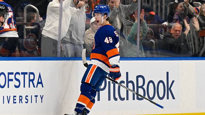 Mar 1, 2026; Elmont, New York, USA; New York Islanders defenseman Matthew Schaefer (48) celebrates his second goal against the Florida Panthers during the third period at UBS Arena. Mandatory Credit: Dennis Schneidler-Imagn Images Mar 1, 2026; Elmont, New York, USA; New York Islanders defenseman Matthew Schaefer (48) celebrates his second goal against the Florida Panthers during the third period at UBS Arena. Mandatory Credit: Dennis Schneidler-Imagn Images