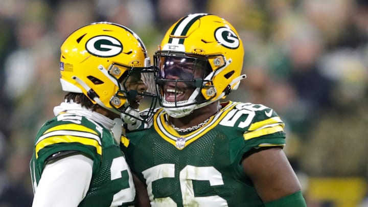 Green Bay Packers linebacker Edgerrin Cooper (56) celebrates with cornerback Carrington Valentine after making a tackle. Green Bay Packers linebacker Edgerrin Cooper (56) celebrates with cornerback Carrington Valentine after making a tackle.