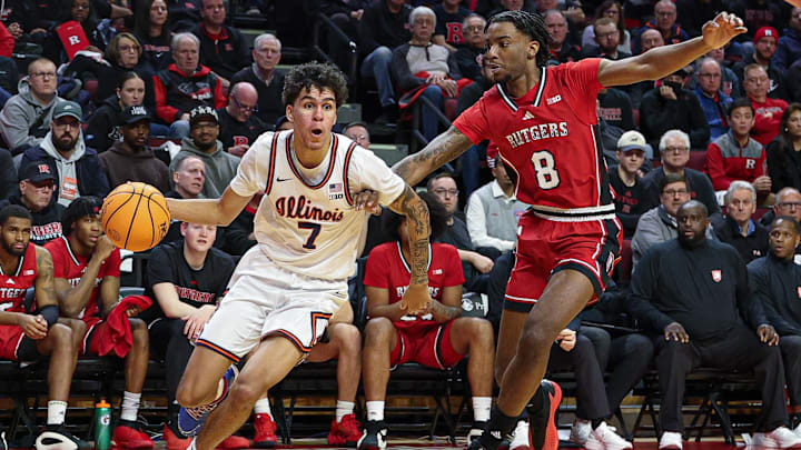 Feb 5, 2025; Piscataway, New Jersey, USA; Illinois Fighting Illini forward Will Riley (7) is defended by Rutgers Scarlet Knights forward Bryce Dortch (8) during the first half at Jersey Mike's Arena. Mandatory Credit: Vincent Carchietta-Imagn Images Feb 5, 2025; Piscataway, New Jersey, USA; Illinois Fighting Illini forward Will Riley (7) is defended by Rutgers Scarlet Knights forward Bryce Dortch (8) during the first half at Jersey Mike's Arena. Mandatory Credit: Vincent Carchietta-Imagn Images