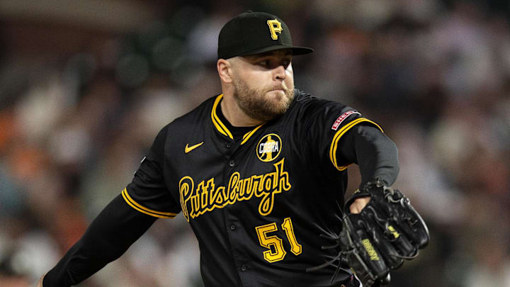 Jul 28, 2025; San Francisco, California, USA; Pittsburgh Pirates pitcher David Bednar (51) delivers a pitch against the San Francisco Giants during the ninth inning at Oracle Park. Mandatory Credit: D. Ross Cameron-Imagn Images