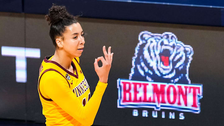Minnesota Golden Gophers guard Tori McKinney (14) celebrates a 3-pointer Wednesday, April 2, 2025, during the WBIT championship game between the Minnesota Golden Gophers and the Belmont Bruins at Hinkle Fieldhouse in Indianapolis. Minnesota Golden Gophers guard Tori McKinney (14) celebrates a 3-pointer Wednesday, April 2, 2025, during the WBIT championship game between the Minnesota Golden Gophers and the Belmont Bruins at Hinkle Fieldhouse in Indianapolis.