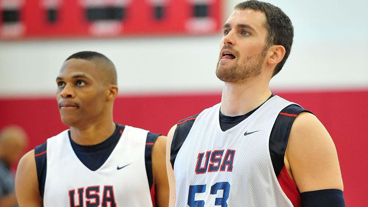 July 6, 2012; Las Vegas, NV, USA; Team USA guard Russell Westbrook and forward Kevin Love during practice at the UNLV Mendenhall Center. Mandatory Credit: Gary A. Vasquez-USA TODAY Sports July 6, 2012; Las Vegas, NV, USA; Team USA guard Russell Westbrook and forward Kevin Love during practice at the UNLV Mendenhall Center. Mandatory Credit: Gary A. Vasquez-USA TODAY Sports