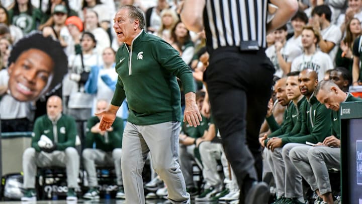 Michigan State's coach Tom Izzo calls out to players during the first half against Colgate on Monday, Nov. 3, 2025, at the Breslin Center in East Lansing.
