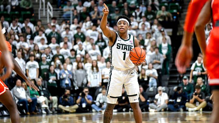 Michigan State's Jeremy Fears Jr. directs teammates during the first half in the game against Bowling Green on Thursday, Oct. 23, 2025, at the Breslin Center in East Lansing.