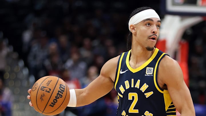 Indiana Pacers guard Andrew Nembhard (2) dribbles during the second half against the Washington Wizards at Capital One Arena.