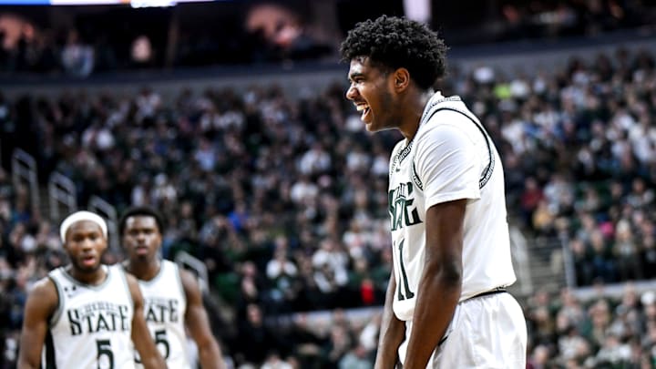 Michigan State's Jase Richardson gets excited after his teammate Szymon Zapala dunks and draws a foul during the first half in the game against Florida Atlantic on Saturday, Dec. 21, 2024, in East Lansing. Michigan State's Jase Richardson gets excited after his teammate Szymon Zapala dunks and draws a foul during the first half in the game against Florida Atlantic on Saturday, Dec. 21, 2024, in East Lansing.