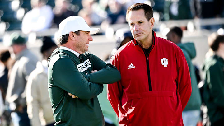 Michigan State's head coach Jonathan Smith, left, talks with Indiana's head coach Curt Cignetti before the game on Saturday, Nov. 2, 2024, at Spartan Stadium in East Lansing. Michigan State's head coach Jonathan Smith, left, talks with Indiana's head coach Curt Cignetti before the game on Saturday, Nov. 2, 2024, at Spartan Stadium in East Lansing.
