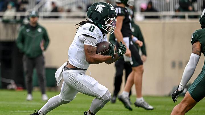 Michigan State's Cam Edwards runs the ball during the football Spring Showcase on Saturday, April 18, 2026, at Spartan Stadium in East Lansing. Michigan State's Cam Edwards runs the ball during the football Spring Showcase on Saturday, April 18, 2026, at Spartan Stadium in East Lansing.