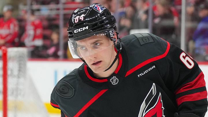 Nov 11, 2025; Raleigh, North Carolina, USA;  Carolina Hurricanes defenseman Joel Nystrom (64) skates during the warmups before the game against the Washington Capitals at Lenovo Center. Mandatory Credit: James Guillory-Imagn Images