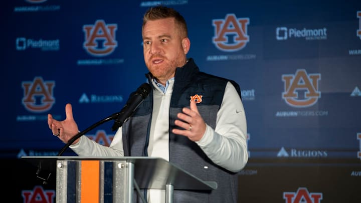 Auburn Tigers football head coach Alex Golesh speaks during a press conference at Woltosz Performance Center in Auburn, Ala. on Monday, Dec. 8, 2025.