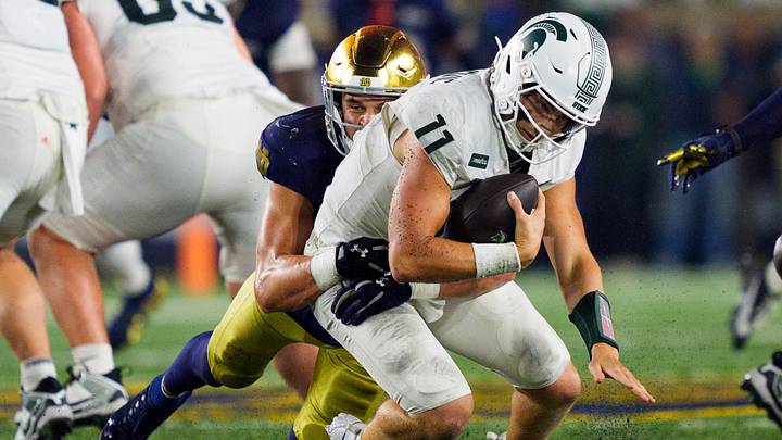 Notre Dame safety Luke Talich, left, sacks Michigan State quarterback Alessio Milivojevic (11) during a NCAA football game at Notre Dame Stadium on Saturday, Sept. 19, 2026, in South Bend. Notre Dame safety Luke Talich, left, sacks Michigan State quarterback Alessio Milivojevic (11) during a NCAA football game at Notre Dame Stadium on Saturday, Sept. 19, 2026, in South Bend.