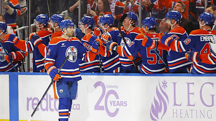 Nov 23, 2024; Edmonton, Alberta, CAN; Edmonton Oilers defensemen Evan Bouchard (2) celebrates after scoring a goal during the second period against the New York Rangers at Rogers Place. Mandatory Credit: Perry Nelson-Imagn Images