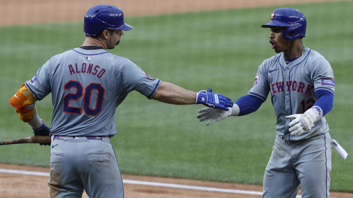 Jun 5, 2024; Washington, District of Columbia, USA; New York Mets shortstop Francisco Lindor (12) celebrates with Mets first baseman Pete Alonso (20) after hitting a home run against the Washington Nationals during the sixth inning at Nationals Park. Mandatory Credit: Geoff Burke-USA TODAY Sports