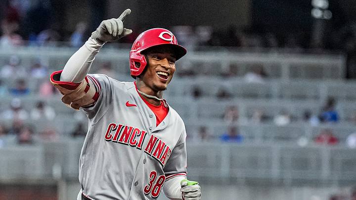 Sep 24, 2026; Cumberland, Georgia, USA; Cincinnati Reds center fielder Carlos Jorge (38) reacts after hitting a lead off home run against the Atlanta Braves during the first inning at Truist Park. Mandatory Credit: Dale Zanine-Imagn Images Sep 24, 2026; Cumberland, Georgia, USA; Cincinnati Reds center fielder Carlos Jorge (38) reacts after hitting a lead off home run against the Atlanta Braves during the first inning at Truist Park. Mandatory Credit: Dale Zanine-Imagn Images