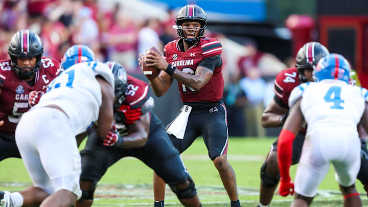 Oct 5, 2024; Columbia, South Carolina, USA; South Carolina Gamecocks quarterback LaNorris Sellers (16) drops back to pass against the Mississippi Rebels in the second half at Williams-Brice Stadium. Mandatory Credit: Jeff Blake-Imagn Images