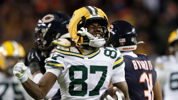 Green Bay Packers wide receiver Romeo Doubs (87) celebrates a first down reception against the Chicago Bears in the fourth quarter during their wild-card playoff football game Saturday, January 10, 2026, at Soldier Field in Chicago, Illinois.