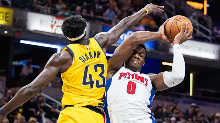Nov 29, 2024; Indianapolis, Indiana, USA; Detroit Pistons center Jalen Duren (0) shoots the ball while Indiana Pacers forward Pascal Siakam (43) defends in the second half  at Gainbridge Fieldhouse. Mandatory Credit: Trevor Ruszkowski-Imagn Images