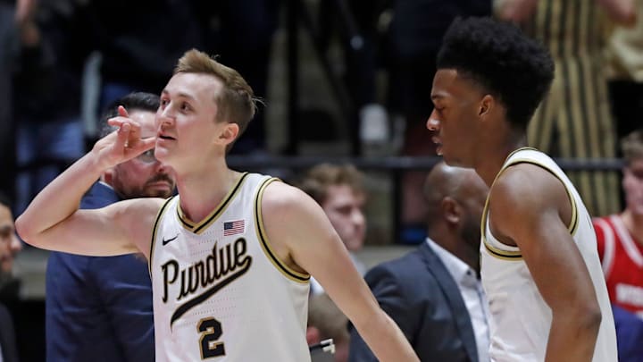 Purdue Boilermakers guard Fletcher Loyer (2) reacts after scoring 