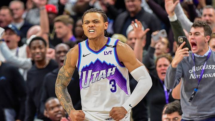 Nov 16, 2025; Salt Lake City, Utah, USA; Utah Jazz guard Keyonte George (3) reacts to his game winning shot during double overtime against the Chicago Bulls at Delta Center. Mandatory Credit: Peter Creveling-Imagn Images Nov 16, 2025; Salt Lake City, Utah, USA; Utah Jazz guard Keyonte George (3) reacts to his game winning shot during double overtime against the Chicago Bulls at Delta Center. Mandatory Credit: Peter Creveling-Imagn Images