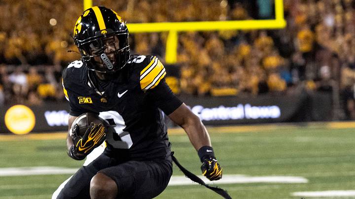 Iowa Hawkeyes wide receiver Evan James (8) runs for yards after a catch during the Cy-Hawk football game against Iowa State Sept. 12, 2026 at Kinnick Stadium in Iowa City, Iowa. Iowa Hawkeyes wide receiver Evan James (8) runs for yards after a catch during the Cy-Hawk football game against Iowa State Sept. 12, 2026 at Kinnick Stadium in Iowa City, Iowa.