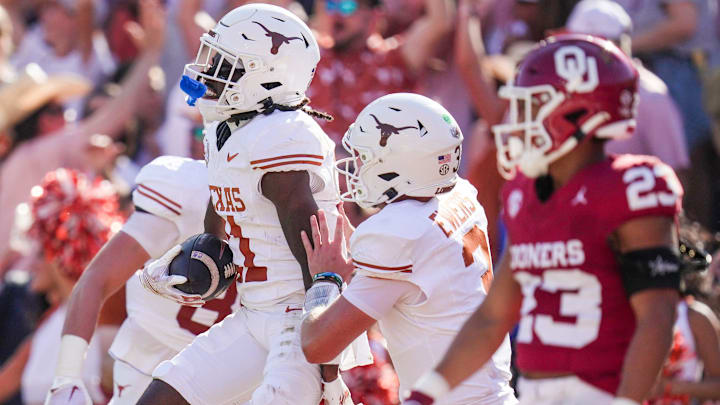 Texas Longhorns wide receiver Silas Bolden (11) celebrates the the fumble recovery for a touchdown in the seance quarter against Oklahoma Sooners during the Red River Rivalry.