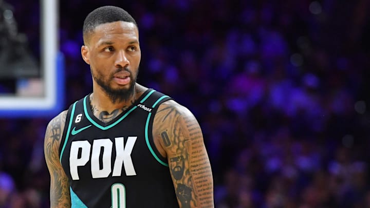 Mar 10, 2023; Philadelphia, Pennsylvania, USA: Portland Trail Blazers guard Damian Lillard (0) against the Philadelphia 76ers at Wells Fargo Center. Mandatory Credit: Eric Hartline-Imagn Images