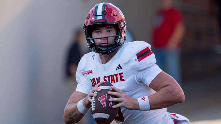 Jacksonville State Gamecocks quarterback Tyler Huff (6) looks for an open pass during their game against the Louisville Cardinals on Saturday, Sept. 7, 2024 at L&N Federal Credit Union Stadium in Louisville, Ky. Jacksonville State Gamecocks quarterback Tyler Huff (6) looks for an open pass during their game against the Louisville Cardinals on Saturday, Sept. 7, 2024 at L&N Federal Credit Union Stadium in Louisville, Ky.