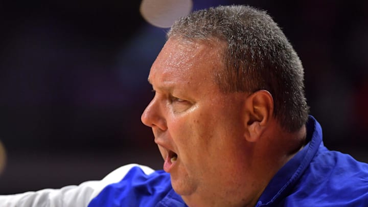 Eastern Illinois Panthers head coach Marty Simmons reacts to a call during the second half against the Illinois Fighting Illini at State Farm Center.