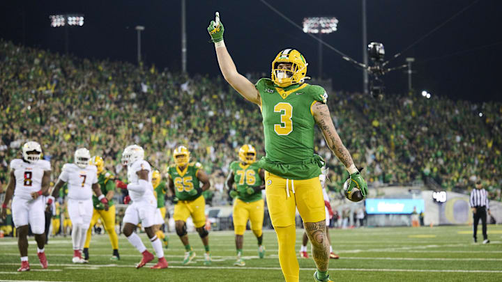 Nov 9, 2024; Eugene, Oregon, USA; Oregon Ducks tight end Terrance Ferguson (3) celebrates after catching a touchdown pass during the first half against the Maryland Terrapins at Autzen Stadium. Mandatory Credit: Troy Wayrynen-Imagn Images