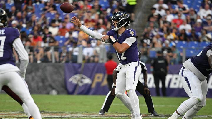 Aug 28, 2026; Baltimore, Maryland, USA; Baltimore Ravens quarterback Joe Fagnano (12) throws to the flats during the first half against the Washington Commanders at M&T Bank Stadium. Mandatory Credit: Tommy Gilligan-Imagn Images Aug 28, 2026; Baltimore, Maryland, USA; Baltimore Ravens quarterback Joe Fagnano (12) throws to the flats during the first half against the Washington Commanders at M&T Bank Stadium. Mandatory Credit: Tommy Gilligan-Imagn Images