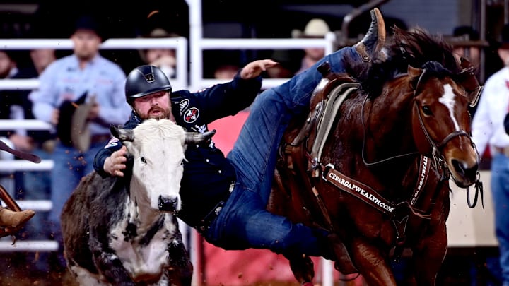 Clayton Hass steer wrestling at the Fort Worth Stock Show and Rodeo
