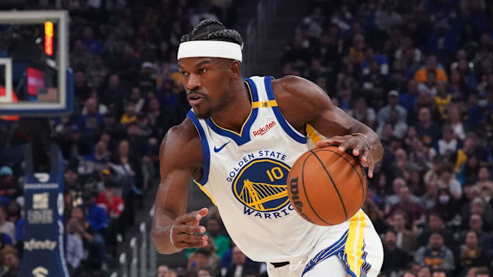 Golden State Warriors forward Jimmy Butler III (10) drives to the basket in the third quarter during a game against the Detroit Pistons at Chase Center.