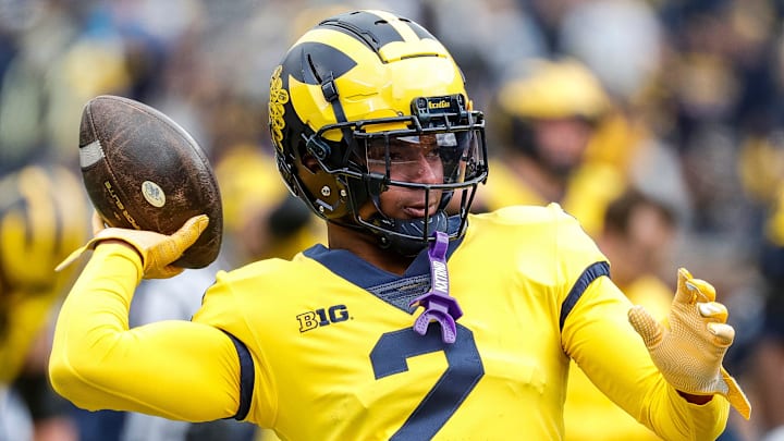 Maize Team defensive back Will Johnson (2) warms up during the spring game at Michigan Stadium in Ann Arbor on Saturday, April 20, 2024. Maize Team defensive back Will Johnson (2) warms up during the spring game at Michigan Stadium in Ann Arbor on Saturday, April 20, 2024.