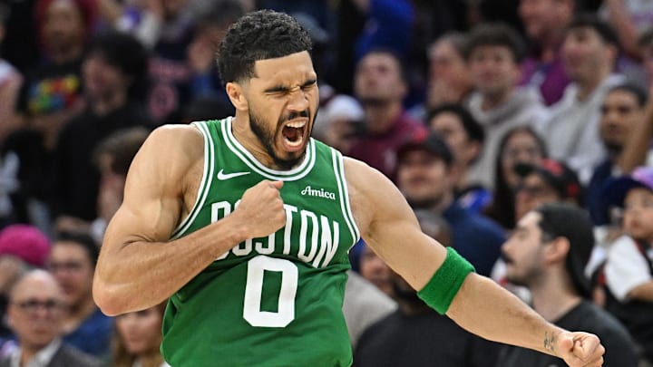 Apr 24, 2026; Philadelphia, Pennsylvania, USA; Boston Celtics forward Jayson Tatum (0) celebrates his three point basket against the Philadelphia 76ers late in the fourth quarter at Xfinity Mobile Arena. Mandatory Credit: Eric Hartline-Imagn Images
