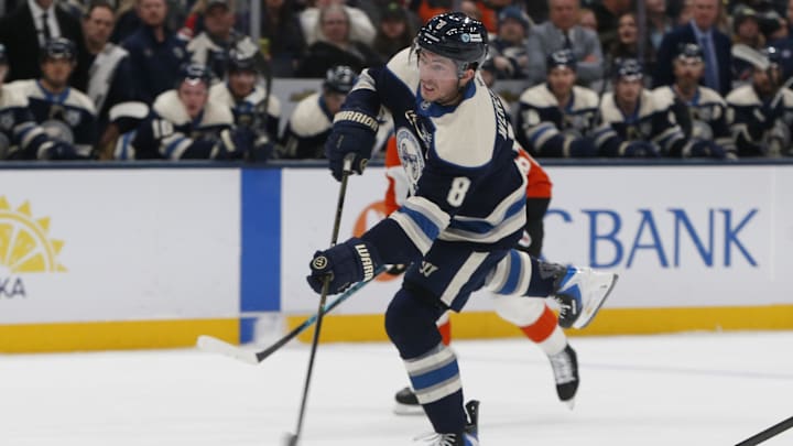 Jan 28, 2026; Columbus, Ohio, USA; Columbus Blue Jackets defenseman Zach Werenski (8) wrists a shot on goal against the Philadelphia Flyers during the second period at Nationwide Arena. Mandatory Credit: Russell LaBounty-Imagn Images Jan 28, 2026; Columbus, Ohio, USA; Columbus Blue Jackets defenseman Zach Werenski (8) wrists a shot on goal against the Philadelphia Flyers during the second period at Nationwide Arena. Mandatory Credit: Russell LaBounty-Imagn Images