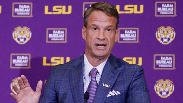 Dec 1, 2025; Baton Rouge, LA, USA; LSU new head coach Lane Kiffin speaks at South Stadium Club at Tiger Stadium. Mandatory Credit: Matthew Hinton-Imagn Images