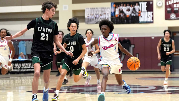 Rancho Mirage dribbles the ball against Canyon in a CIF-SS Division 2A playoff game.