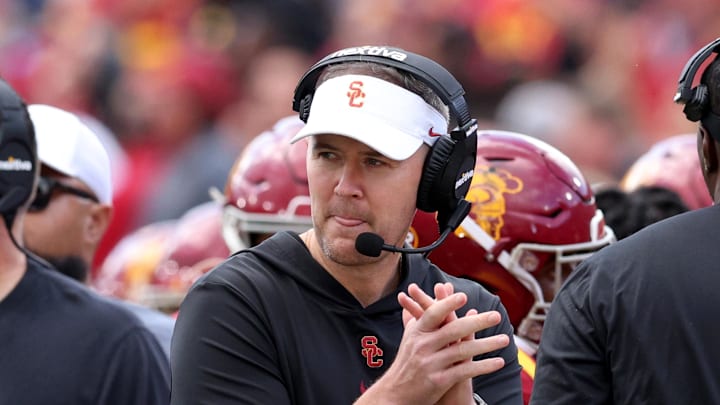 Nov 18, 2023; Los Angeles, California, USA; USC Trojans head coach Lincoln Riley during the first quarter at United Airlines Field at Los Angeles Memorial Coliseum. Mandatory Credit: Jason Parkhurst-Imagn Images