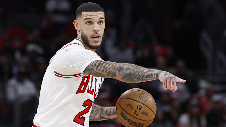 Oct 26, 2024; Chicago, Illinois, USA; Chicago Bulls guard Lonzo Ball (2) brings the ball up court against the Oklahoma City Thunder during the first half at United Center. Mandatory Credit: Kamil Krzaczynski-Imagn Images