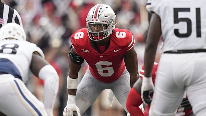 Aug 31, 2024; Columbus, OH, USA; Ohio State Buckeyes safety Sonny Styles (6) lines up during the NCAA football game against the Akron Zips at Ohio Stadium. Ohio State won 52-6.