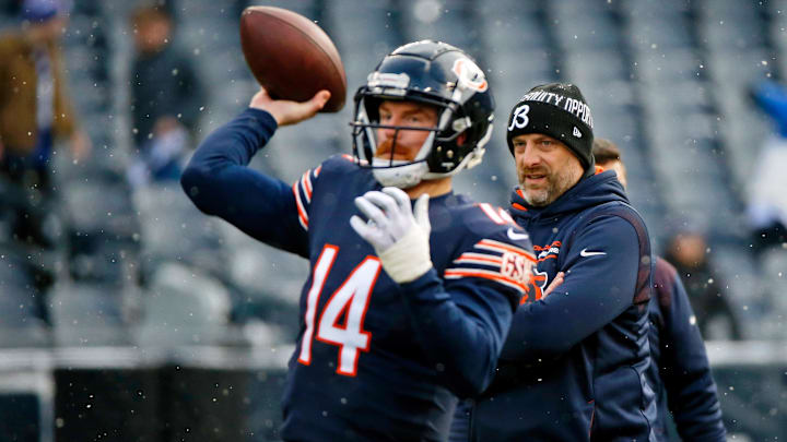 Former Bears coach Matt Nagy keeps a watchful eye on Andy Dalton, the Red Rifle, during warmups at a Bears game in 2021. Former Bears coach Matt Nagy keeps a watchful eye on Andy Dalton, the Red Rifle, during warmups at a Bears game in 2021.