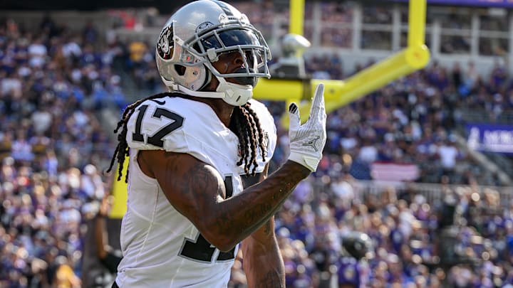 Sep 15, 2024; Baltimore, Maryland, USA; Las Vegas Raiders wide receiver Davante Adams (17) celebrates after scoring a touchdown during the second half against the Baltimore Ravens at M&T Bank Stadium. 