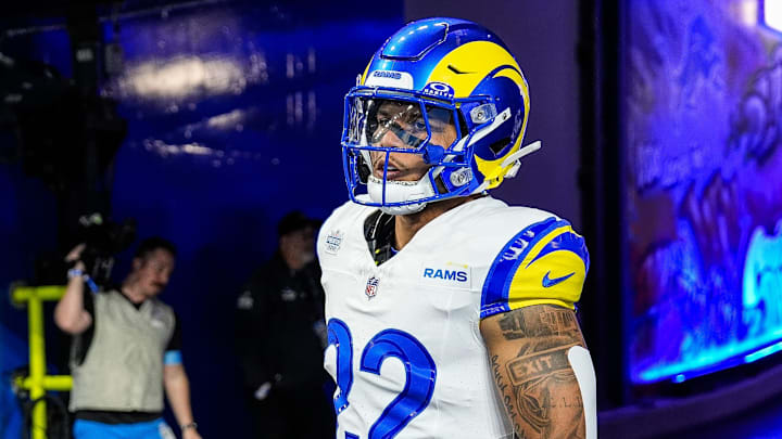Los Angeles Rams running back Blake Corum (22) takes the field for warm up against Detroit Lions at Ford Field in Detroit on Sunday, September 8, 2024. Los Angeles Rams running back Blake Corum (22) takes the field for warm up against Detroit Lions at Ford Field in Detroit on Sunday, September 8, 2024.