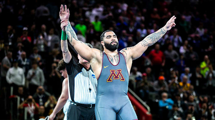 Minnesota's Gable Steveson reacts after his match at 285 pounds in the finals during the sixth